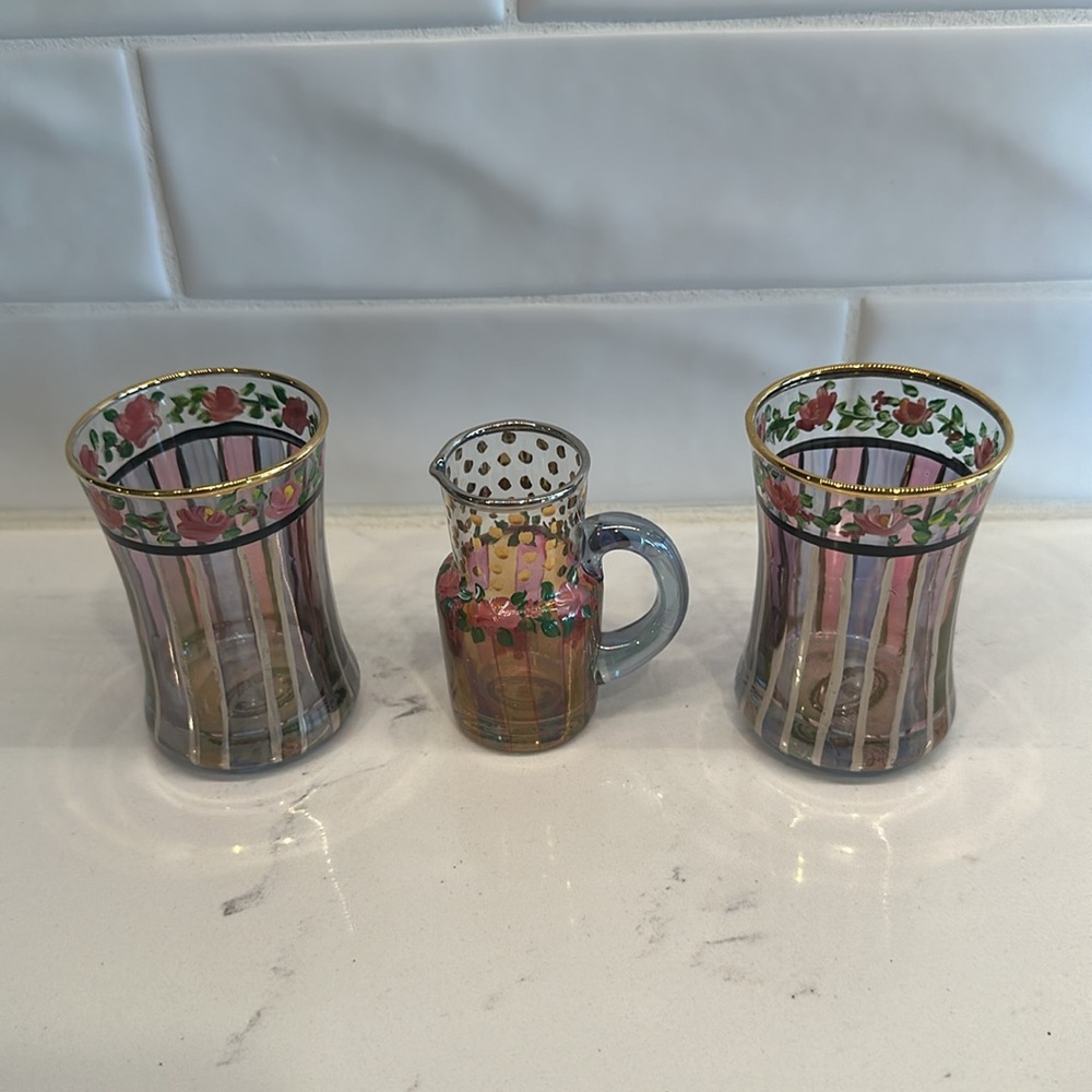 Mackenzie-Childs hand painted juice glasses and pitcher